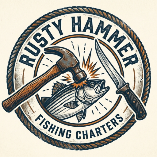 Rusty Hammer Fishing Charters logo featuring a rustic claw hammer hitting a walleye fish next to a fillet knife, framed by a rope border.
